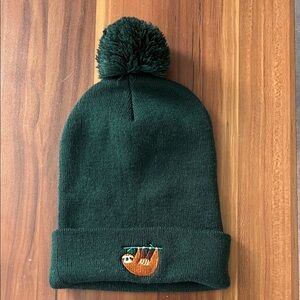 Green Pom-Pom Beanie with Sloth Embroidery